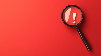 A magnifying glass highlights an exclamation mark on a red background. There's space to add your own words or logo.
