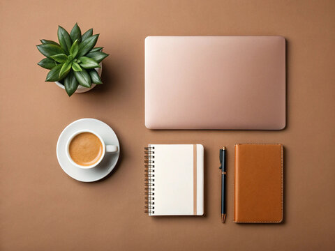 Minimalist workspace with laptop notebook coffee and plant - Powered by Adobe