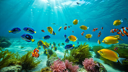 Naklejka premium Vibrant underwater scene with colorful tropical fish swimming among coral reefs and seaweed