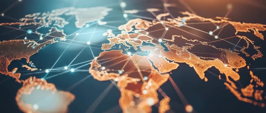 Digital world map glowing network connections illustrating global communication technology and futuristic network connection creating dynamic global digital atmosphere with glowing data points