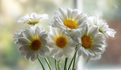 Obraz premium White daisies bouquet, window light, garden view, peaceful scene, home decor