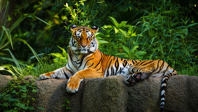 Majestic bengal tiger rests on a rock amidst lush green jungle foliage
