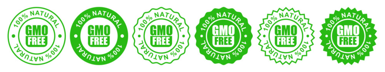 GMO free. Non GMO label set. Healthy organic food concept. No GMO design elements for tags, product packag, food symbol, emblems, stickers. Vector illustration