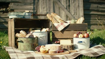 Rustic Picnic Scene: Delicious Food Spread, Outdoor Feast, Sunlight.
