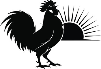 Silhouette of a rooster crowing at sunrise, a vintage style illustration perfect for farm themed designs, logos, or representing the start of a new day