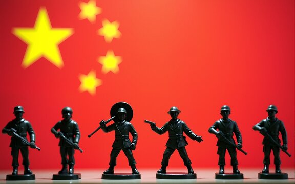Image of flag of china over toy soldiers. High quality