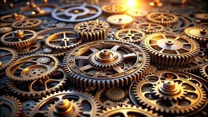 Intricate arrangement of vintage brass gears and cogwheels creates a captivating mechanical background with depth