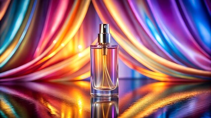 A perfume bottle stands out against a vibrant, colorful, and iridescent background