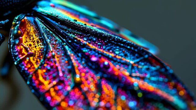 Jewel Beetle: A macro shot of a jewel beetle's iridescent wing, showcasing an intricate display of vibrant colors and textures. A dazzling insect portrait.