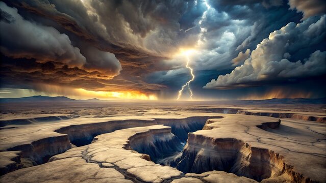 Dramatic lightning storm over a vast desert canyon landscape with towering clouds and rocky terrain - Powered by Adobe
