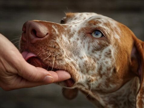 A dog with an affectionate mood dog licking owner's hand licks his hand in a close-up portrait