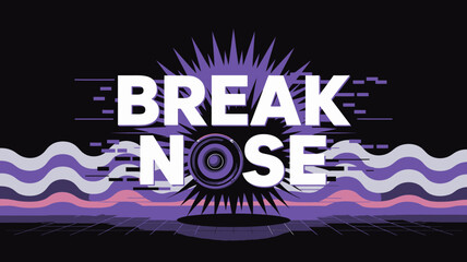Modern abstract graphic design featuring the bold white text break noise with a central speaker and radiating purple light effects on a dark background