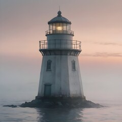 Minimal lighthouse emerging from thick ocean fog, soft pastel dawn colors, moody atmosphere, no people,Generative Ai
