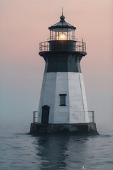 Minimal lighthouse emerging from thick ocean fog, soft pastel dawn colors, moody atmosphere, no people,Generative Ai
