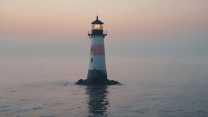 Minimal lighthouse emerging from thick ocean fog, soft pastel dawn colors, moody atmosphere, no people,Generative Ai
