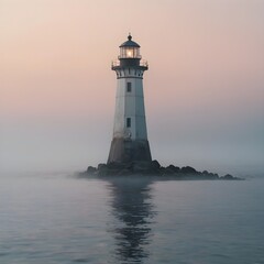 Minimal lighthouse emerging from thick ocean fog, soft pastel dawn colors, moody atmosphere, no people,Generative Ai
