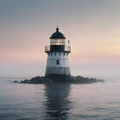Minimal lighthouse emerging from thick ocean fog, soft pastel dawn colors, moody atmosphere, no people,Generative Ai
