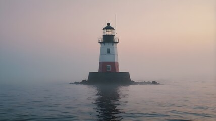 Fototapeta premium Minimal lighthouse emerging from thick ocean fog, soft pastel dawn colors, moody atmosphere, no people,Generative Ai 