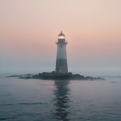 Minimal lighthouse emerging from thick ocean fog, soft pastel dawn colors, moody atmosphere, no people,Generative Ai
