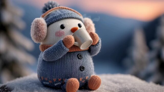 Cute snowman toy with mug in winter scene. Cozy knitted plush character on snowy background. Holiday decor, Christmas gift idea for kid. Festive animation concept. - Powered by Adobe