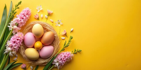 Fototapeta premium Pastel Easter eggs nestled in a straw bird's nest surrounded by delicate spring hyacinths and blossoms on a vibrant yellow background