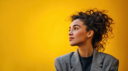 A confident woman with curly hair poses against a bright yellow background, showcasing strength and determination.