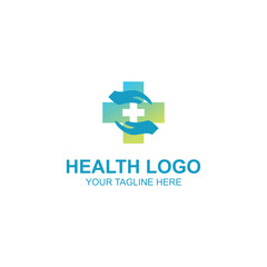 Healthcare Logo with Blue Hands and Medical Cross Symbol