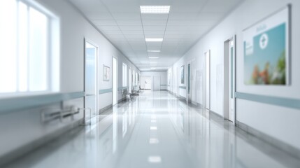 Clean clinic hallway features soft daylight illuminating sterile ambiance, creating welcoming environment for patients. polished floors reflect light, enhancing spacious feel