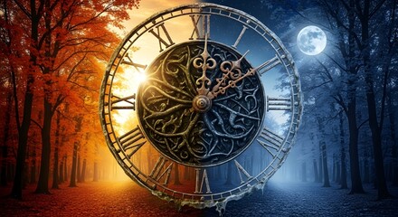 Fototapeta premium Fantasy concept of seasonal change, an ornate steampunk clock separating an autumn day forest from a winter night forest.