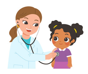 Female doctor happily examining a young girl with a stethoscope during a routine check-up in a friendly medical setting.