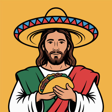 Jeus in Mexican Sombrero Holding Taco Illustration