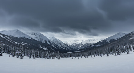 Ultra realistic view of a serene snowy forest under thick cloudy skies, light winter rain falling, mist drifting between pine trees, distant hills fading into grey horizon, crystal-clear details, 