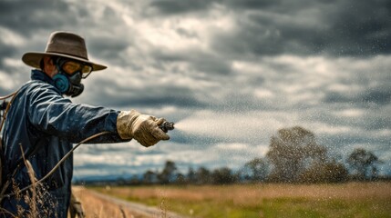 A farmer wearing protective gear sprays crops in a field against a dramatic sky, showcasing agricultural practices.