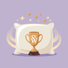A golden trophy with the letter s rests on a soft white pillow symbolizing winning the award for best sleep or achieving a restful night