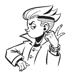 one fashionable women in a 1950s-inspired black-and-white cartoon style, bold lines, confident poses, one in a skirt suit, the other in a short skirt and sweater, mid-century modern illustration style