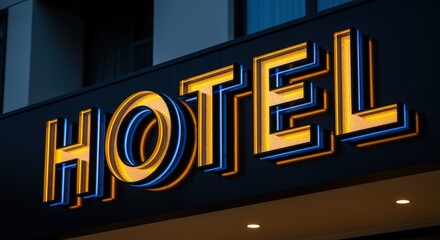 Illuminated Hotel Sign at Night Displaying Lodging and Accommodation Services for Travelers and Tourists