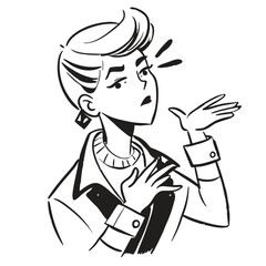 one fashionable women in a 1950s-inspired black-and-white cartoon style, bold lines, confident poses, one in a skirt suit, the other in a short skirt and sweater, mid-century modern illustration style