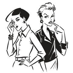 Two fashionable women in a 1950s-inspired black-and-white cartoon style, bold lines, confident poses, one in a skirt suit, the other in a short skirt and sweater, mid-century modern illustration style
