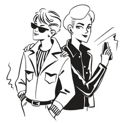 Two fashionable women in a 1950s-inspired black-and-white cartoon style, bold lines, confident poses, one in a skirt suit, the other in a short skirt and sweater, mid-century modern illustration style