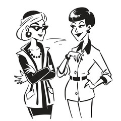 Two fashionable women in a 1950s-inspired black-and-white cartoon style, bold lines, confident poses, one in a skirt suit, the other in a short skirt and sweater, mid-century modern illustration style