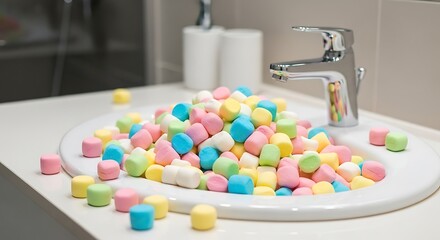 Surreal concept of a modern white bathroom sink completely clogged and overflowing with colorful mini marshmallows