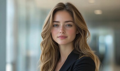 Businesswoman in a modern office setting, posing confidently as a young corporate manager, reflecting professionalism and leadership, Generative AI