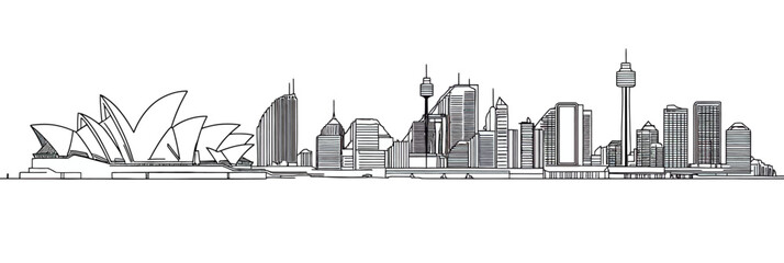 Obraz premium Sydney city skyline one line drawing with iconic landmarks including Sydney Opera House and modern skyscrapers minimalistic flat vector illustration detailed urban architecture silhouette