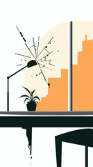 Naklejka premium Modern office interior with broken glass window cracked lamp and potted plant near orange staircase and city silhouette in background abstract vector illustration
