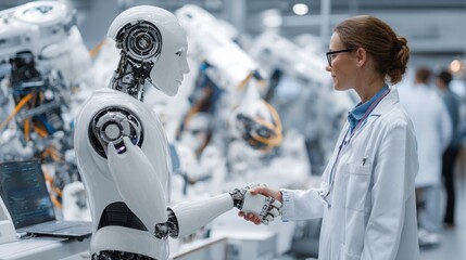A scientist and a robotic assistant engage in a handshake, highlighting innovation in artificial intelligence.