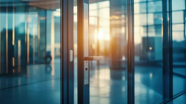 Glass door with metal handle in modern office building interior featuring transparent glass, sunlight reflection during sunrise and sunset creating calm atmosphere and inviting space