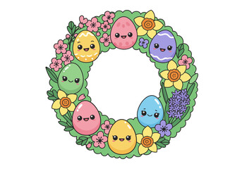 Obraz premium A charming Easter wreath illustration with cute kawaii eggs, spring flowers like daffodils and hyacinths on a green leafy frame.
