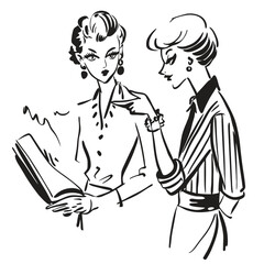 Two fashionable women in a 1950s-inspired black-and-white cartoon style, bold lines, confident poses, one in a skirt suit, the other in a short skirt and sweater, mid-century modern illustration style