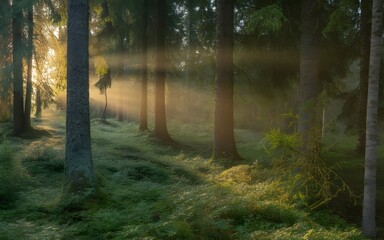 Obraz premium Golden sunlight filtering through mossy forest trees