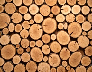 Close-up of stacked wooden logs with natural rings and cracks, showing warm brown tones and rustic texture